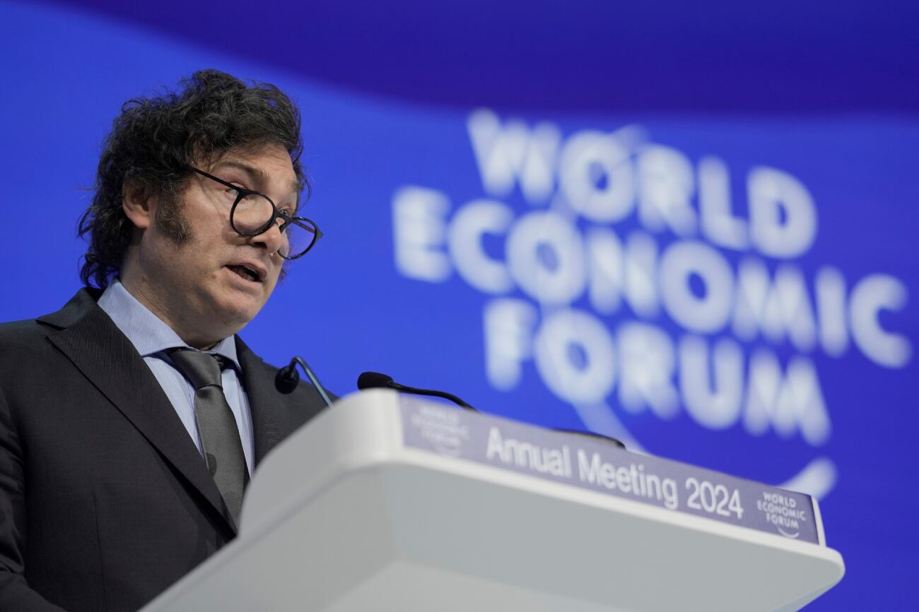 El presidente Javier Milei en su exposición en el Foro Económico de Davos. Foto: AP / Markus Schreiber