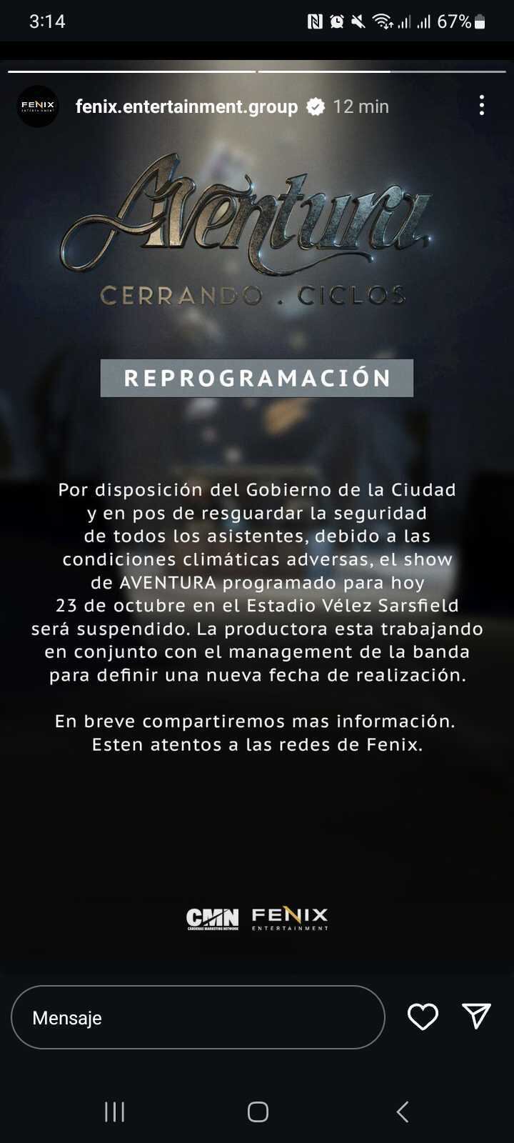 El comunicado oficial de Aventura.