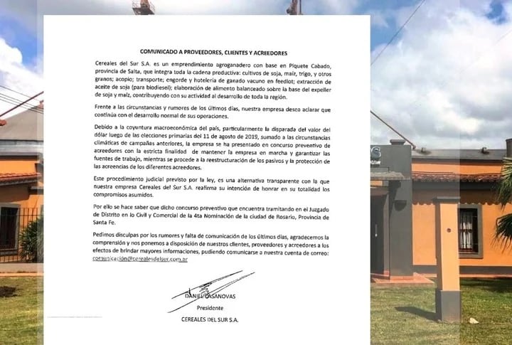 La carta de Daniel Casanovas por Cereales del Sur S.A.