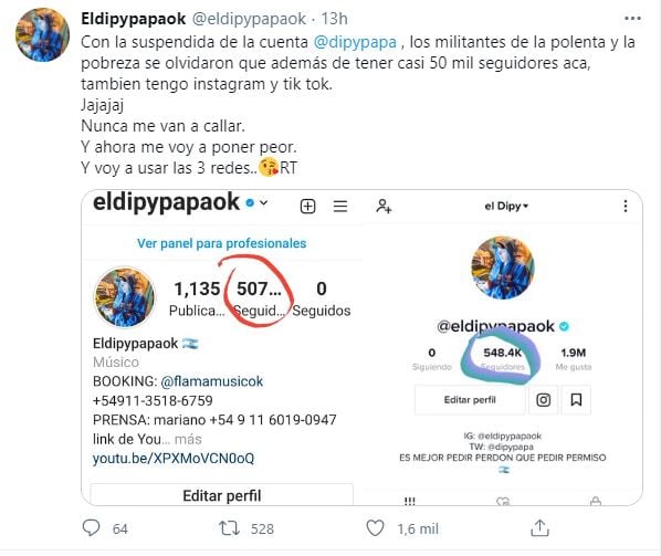 El Dipy aseguró que iba a utilizar ahora todas sus otras redes sociales. Twitter.