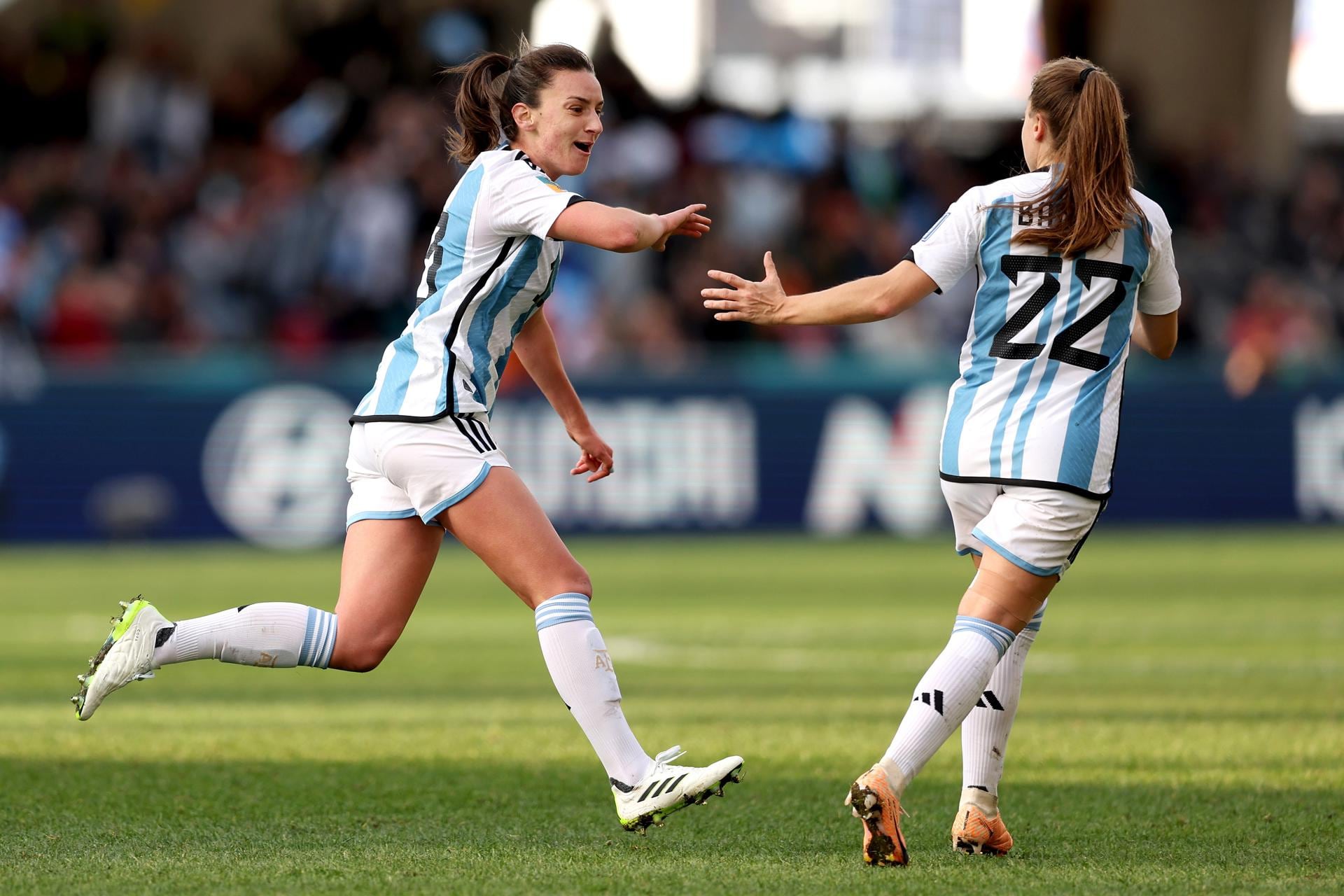 Dunedin (New Zealand), 21/07/2023.- Braun Sophia (L) and Banini Estefania (R) of Argentina celebrates after scoring during the FIFA Women's World Cup group G soccer match between Argentina and South Africa, in Dunedin, New Zealand, 28 July 2023. (Mundial de Fútbol, Nueva Zelanda, Sudáfrica) EFE/EPA/RITCHIE B. TONGO
