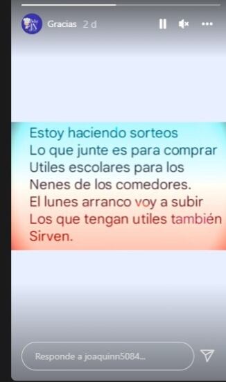 Joaquín Nahuel hará una colecta de útiles escolares para entregar a niños.