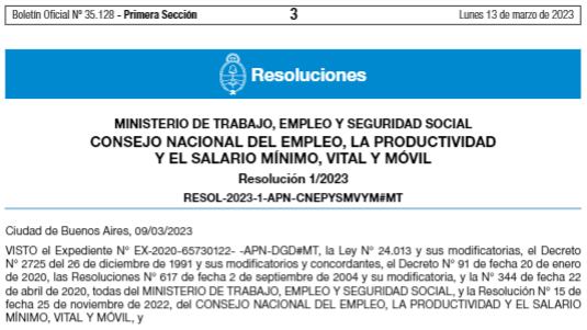 Parte del Boletín Oficial sobre la Resolución 1/2023. Foto: Boletín Oficial