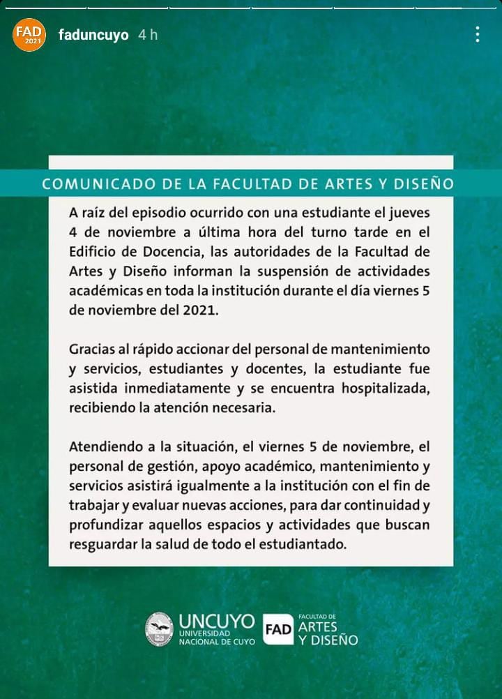 Comunicado oficial de la Facultad de Arte y Diseño.