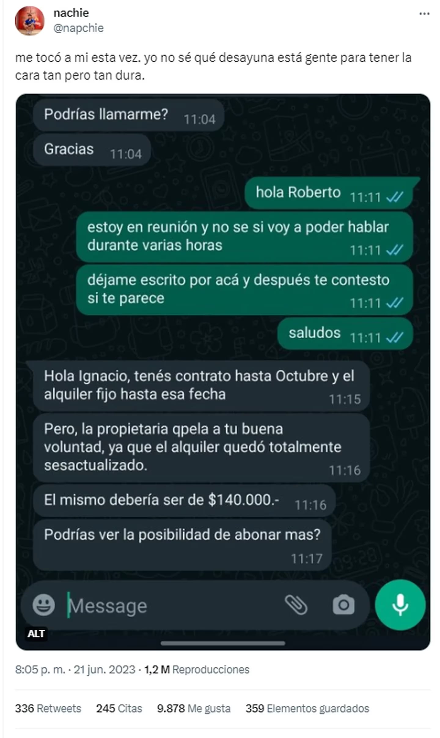 El joven compartió a través de Twitter el insólito mensaje que recibió. Gentileza: TN.