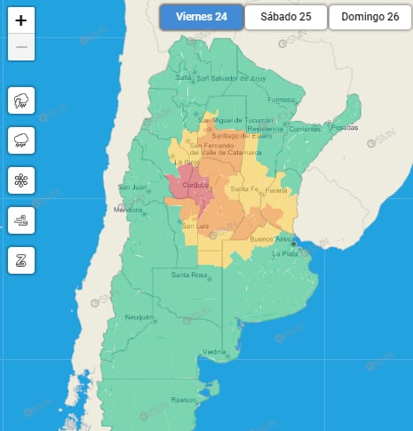 Córdoba. Bajo una alerta roja, amarilla y naranja (Captura del SMN).