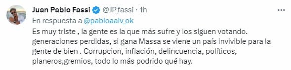 Juan Pablo Fassi y su publicación en las redes, en medio de una oleada de los clubes contra los dichos de Javier Milei.