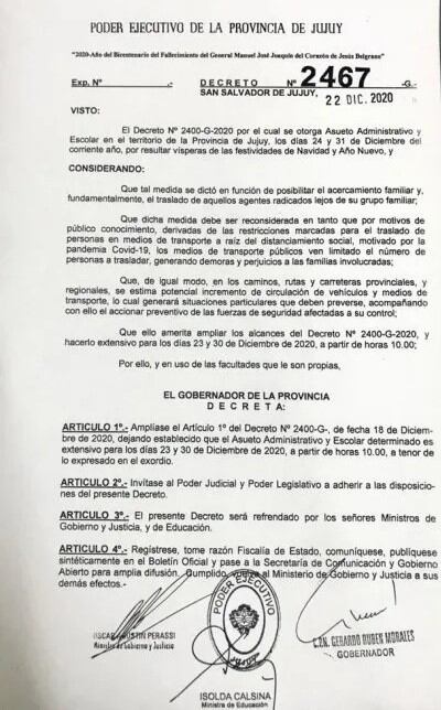 El decreto emitido por el Poder Ejecutivo provincial disponiendo ampliar el asueto administrativo y escolar en vísperas de Navidad y Año Nuevo.