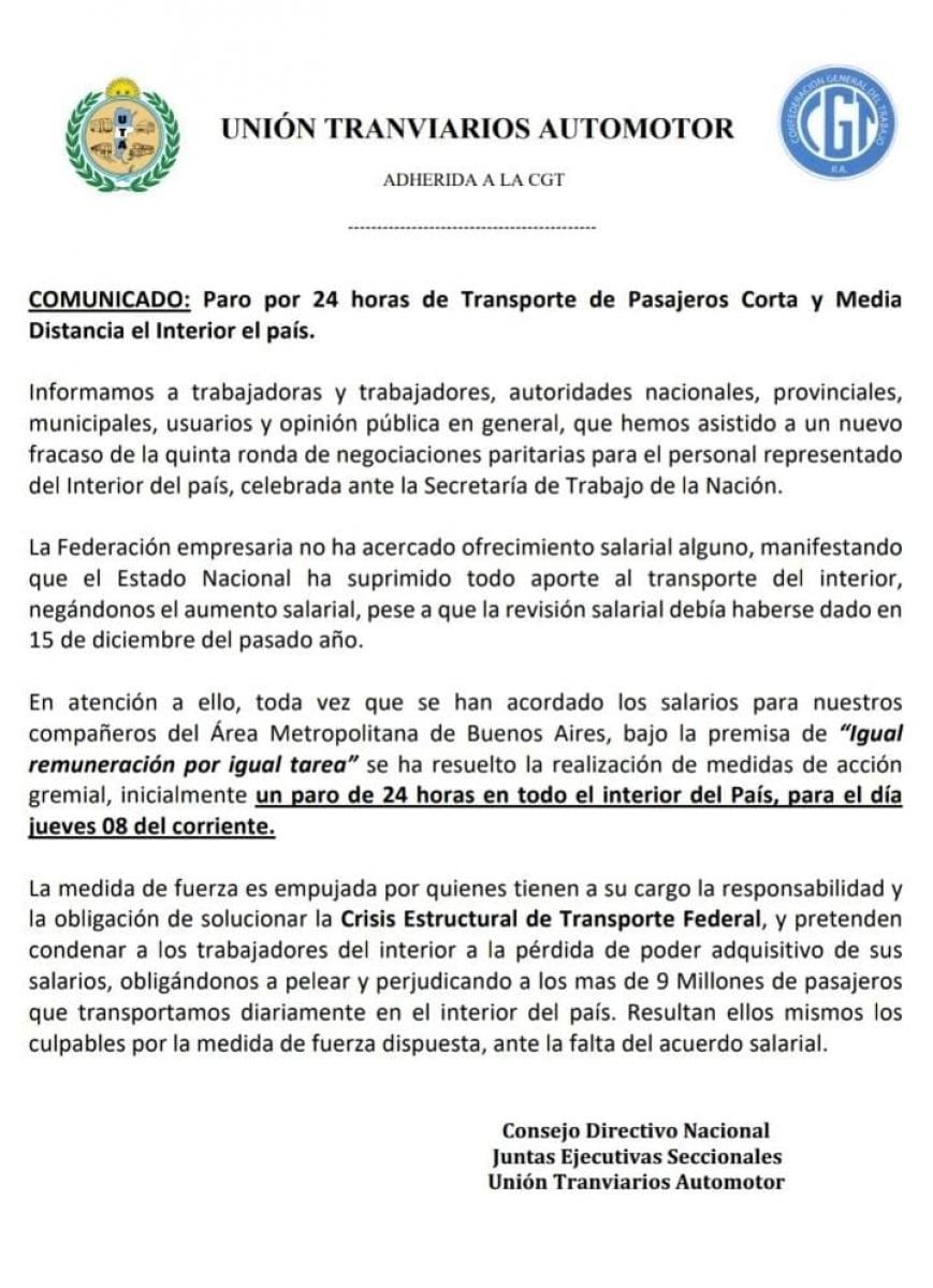 La entidad adherida a la CGT reclama una actualización urgente en los sueldos de los choferes.