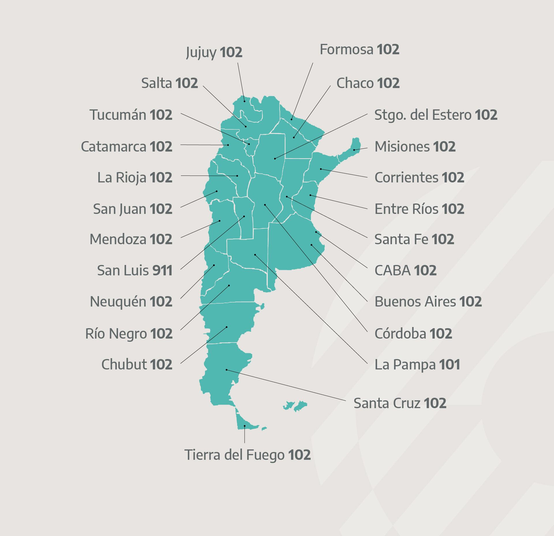 Mapa de provincias con la línea 102, para denunciar maltrato infantil.