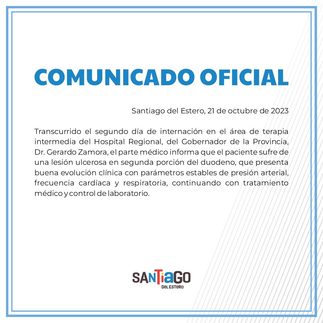 Se dio a conocer el parte médico del gobernador de Santiago del Estero.