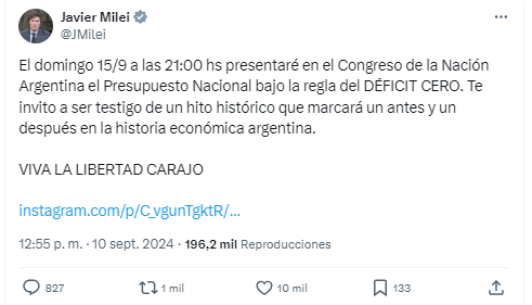 Milei presentará este domingo por la noche el Presupuesto 2025