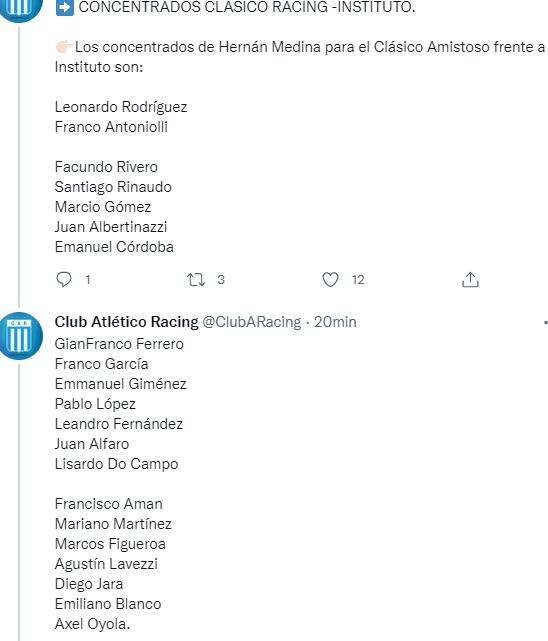 La lista de Hernán Medina, para el clásico entre Racing e Instituto.