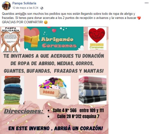 “Abrigando corazones” es la campaña de Pampa Solidaria que colecta abrigos para el invierno.