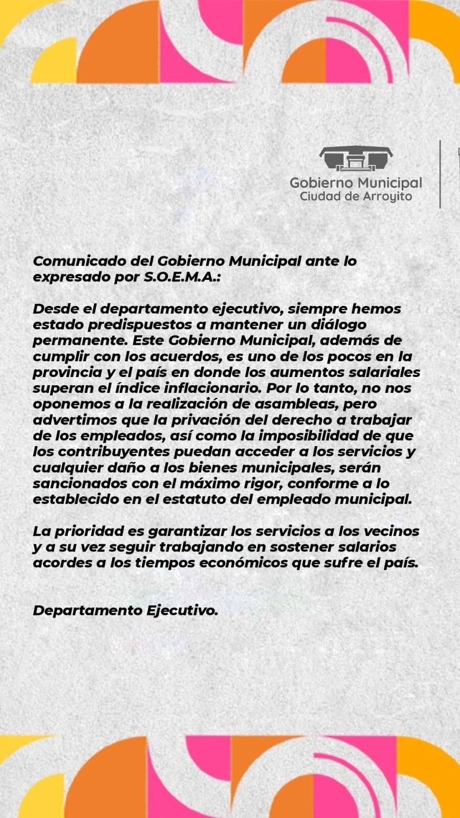 Comunicado del Ejecutivo Municipal de Arroyito ante la postura del SOEMA