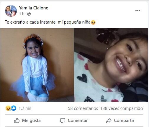 Posteo de Yamila Cialone, mamá de Guadalupe Lucero