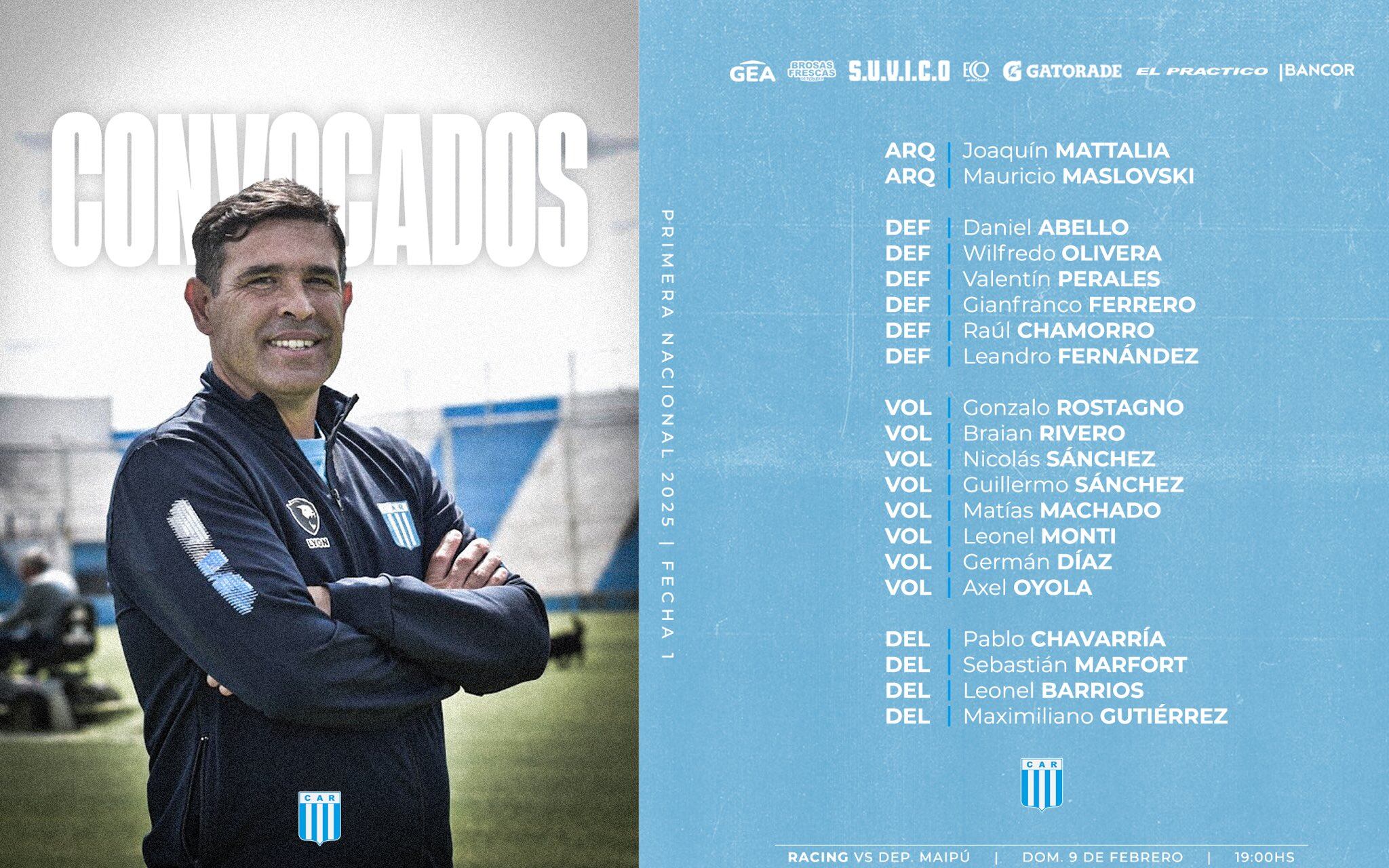 Diego Cochas y los elegidos para el debut de Racing en Nueva Italia.