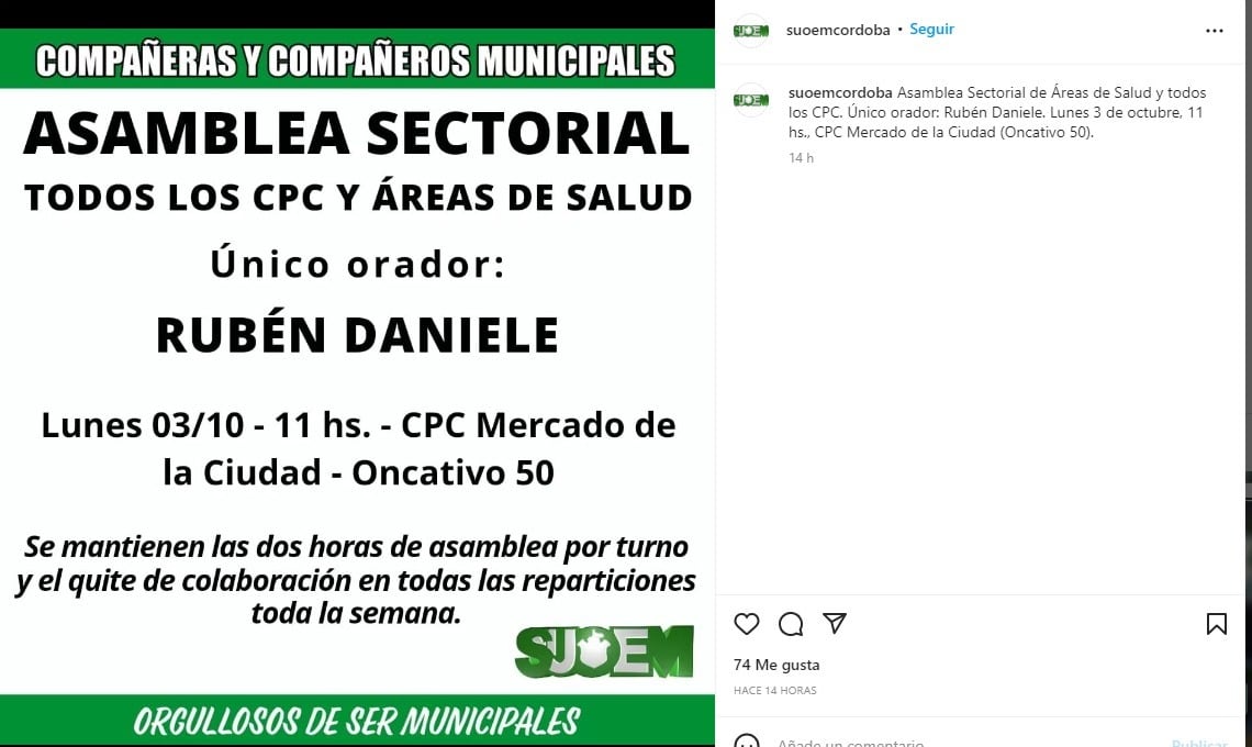 Comunicado del Suoem en su cuenta de Instagram.