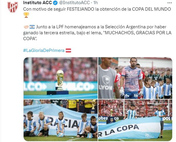 "Muchachos gracias por la copa". La bandera en cancha de Instituto.