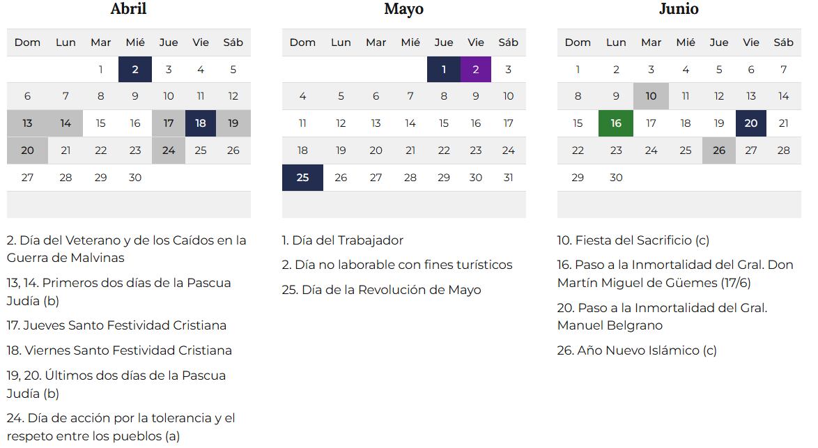 El calendario oficial para abril, mayo y junio