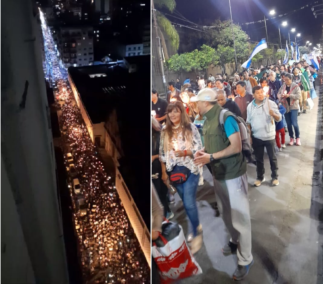 Cerca de las ocho de la noche la "marcha de las antorchas" se desplazaba compacta por la calle San Martín para llegar hasta la plaza Belgrano.