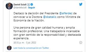 El tuit de Daniel Scioli sobre la designación de Silvina Batakis.