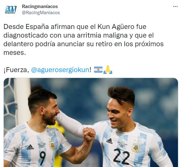 El las redes también se lo recuerda al Kun Agüero vistiendo la camiseta nacional. Twitter @RacingManiacos