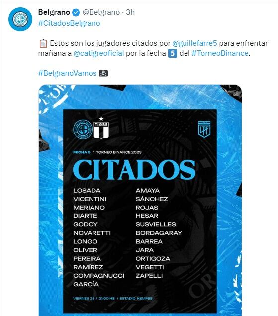 Belgrano enfrenta este viernes a Tigre. Los concentrados.