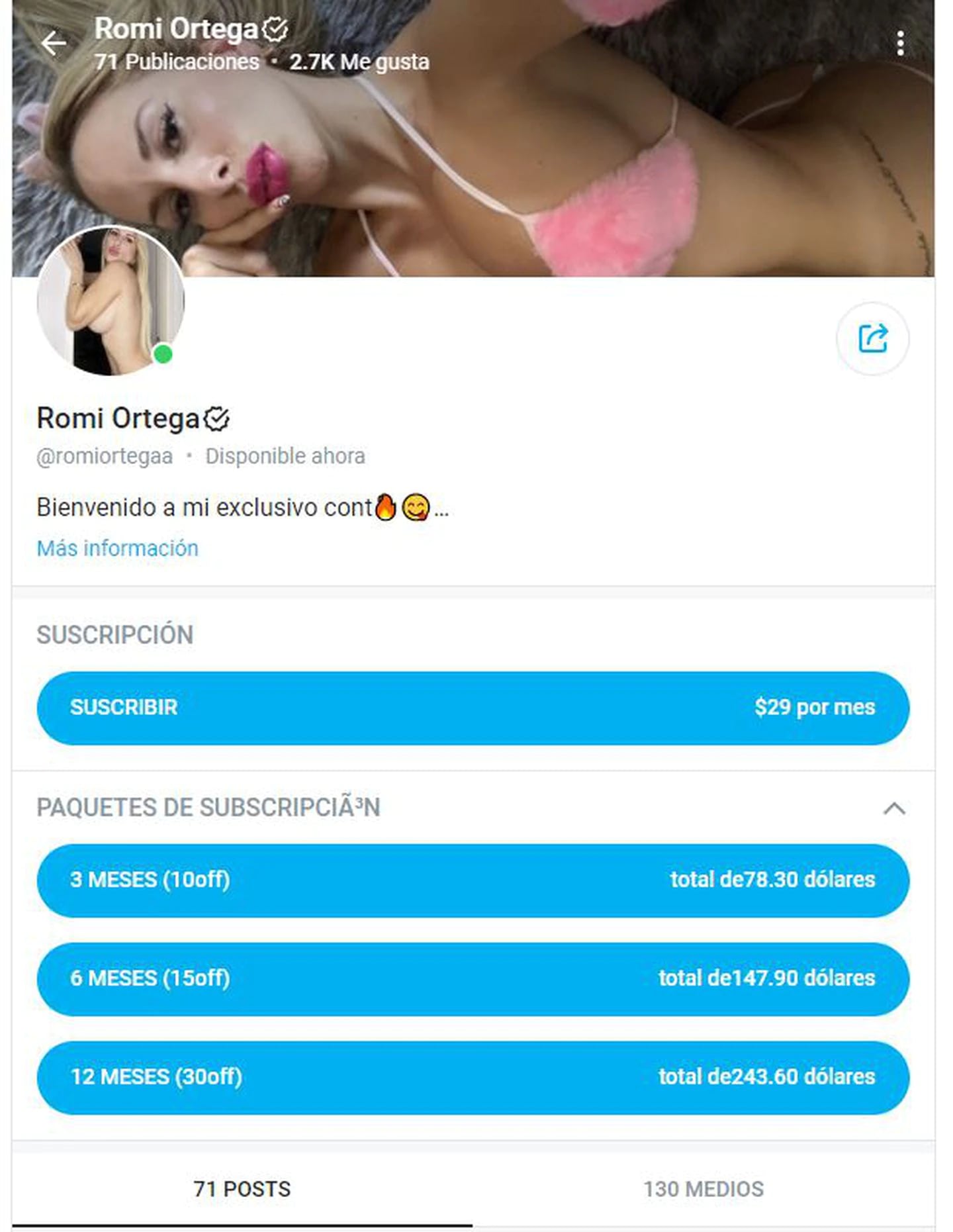 Así es el perfil de Romina Ortega en OnlyFans