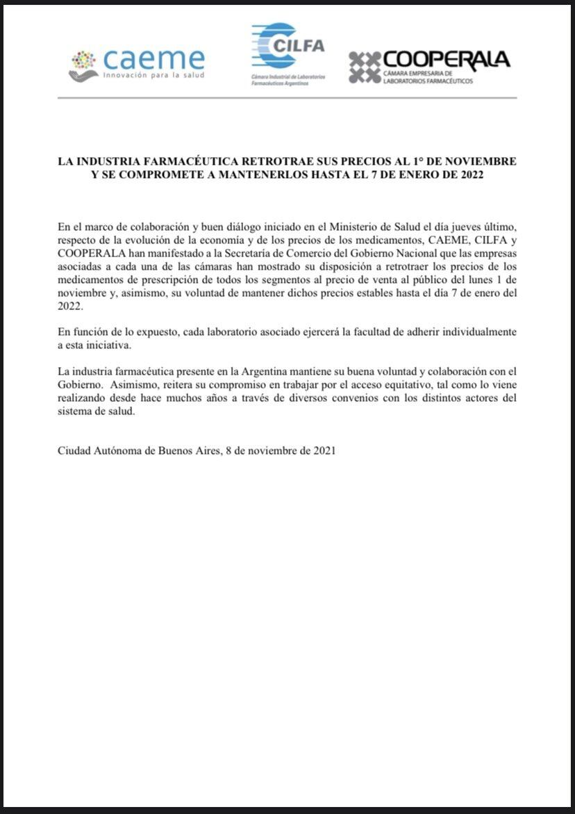 Medicamentos: hay acuerdo global para congelar precios, pero cada laboratorio adherirá en forma individual.