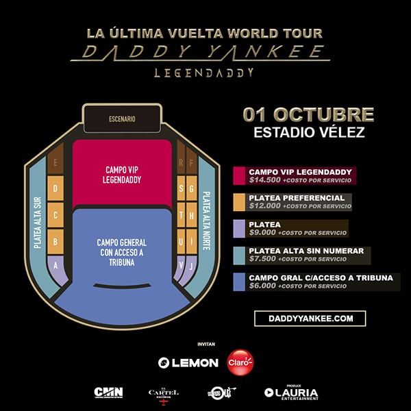 Ubicaciones para ver a Daddy Yankee en Vélez.