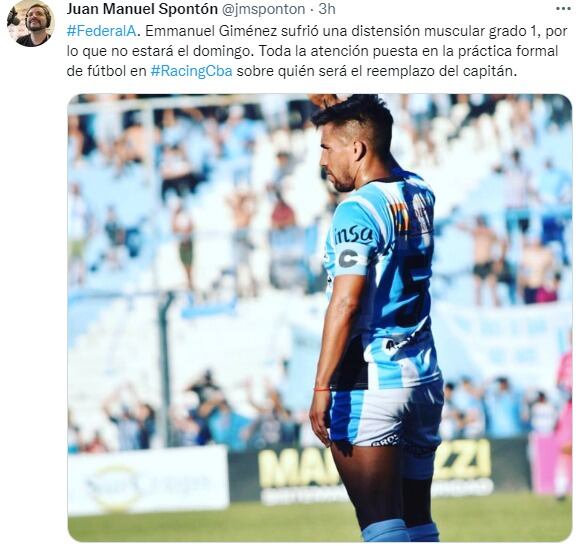 El Ema Giménez, capitán de Racing, afuera por lesión.