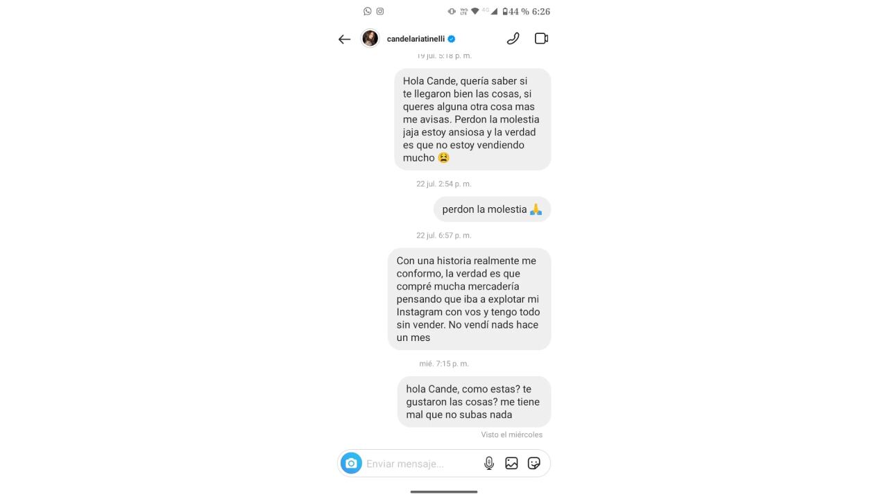 Los supuestos chats entre Cande Tinelli y una emprendedora