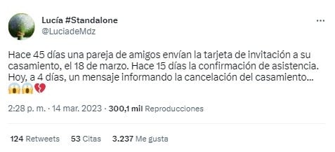 El tweet de un amiga cercana a la pareja contando que habían suspendido la boda y desaparecido.