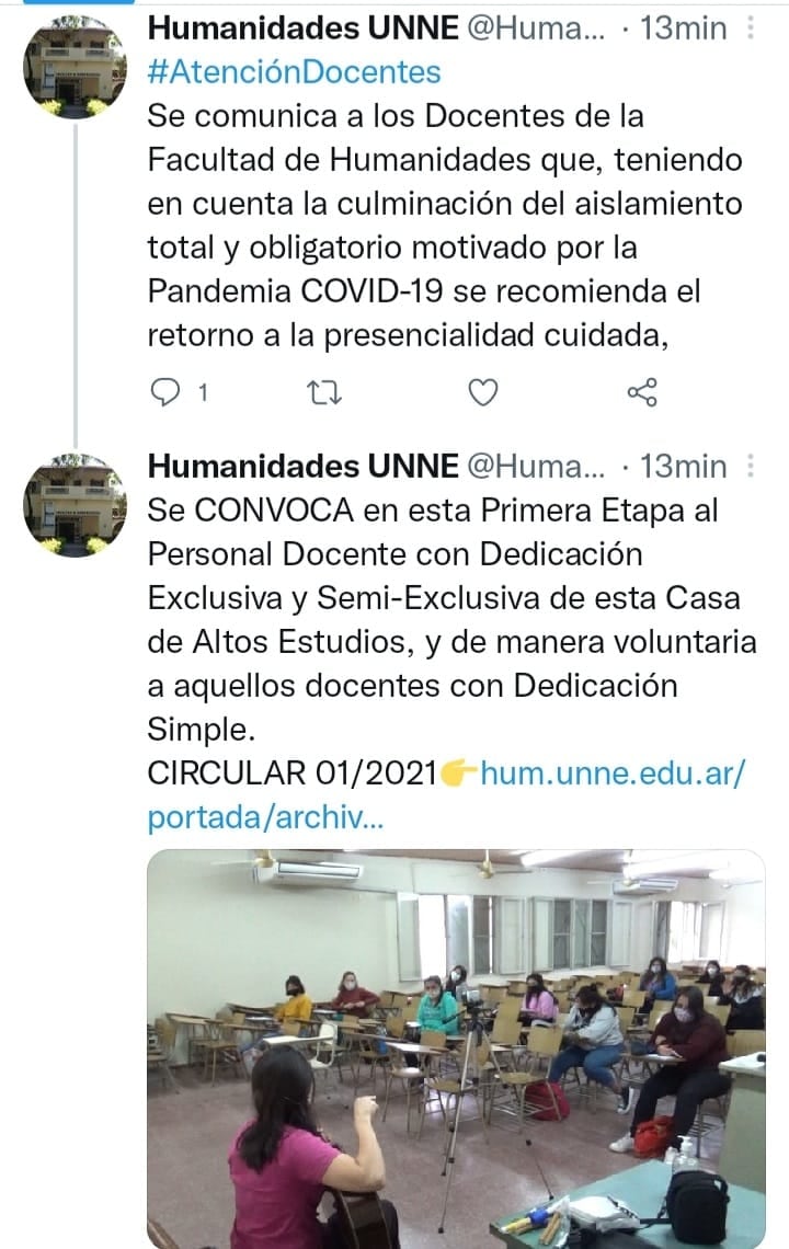 Este lunes por la mañana la Facultad de Humanidades informó públicamente la convocatoria a docentes  con Dedicación Exclusiva y Semi-Exclusiva, a la presencialidad cuidada.