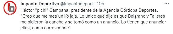 Héctor Campana confirmó la fecha del amistoso entre Talleres y Belgrano.