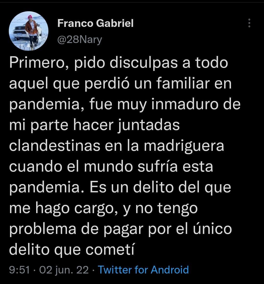 Franco "Nary" González se expresó en sus redes en medio del juicio en el que es acusado de violación.