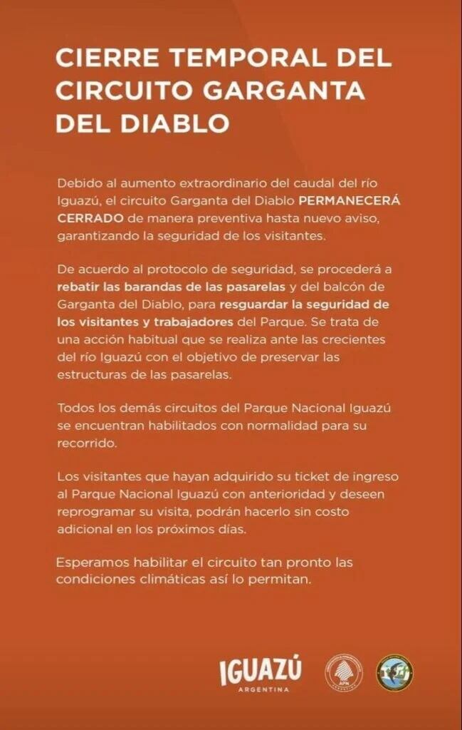 Permanece cerrado el circuito Garganta del Diablo en Cataratas debido a la crecida del río.