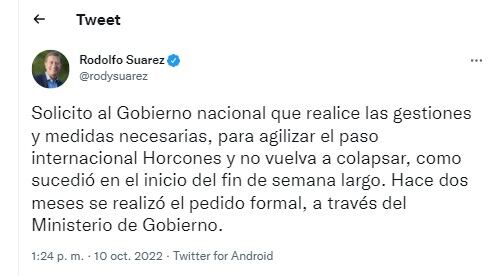 El posteo del gobernador Rodolfo Suarez.