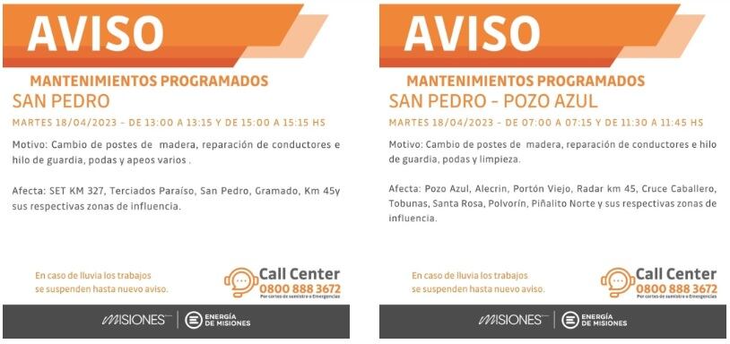 Energía de Misiones realizará trabajos de mantenimiento en San Pedro y Pozo Azul.