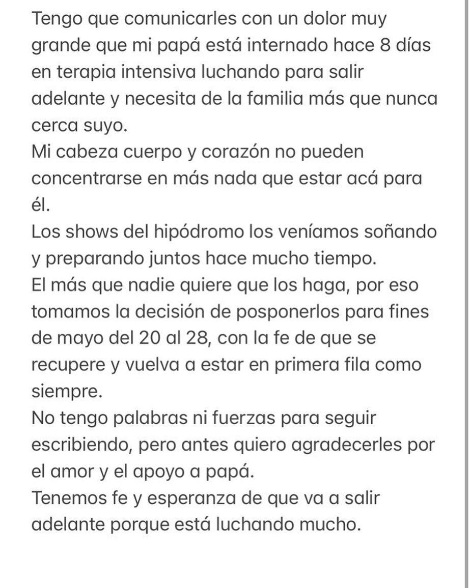 El comunicado de Tini sobre sus shows en el Hipódromo y la salud de su papá.