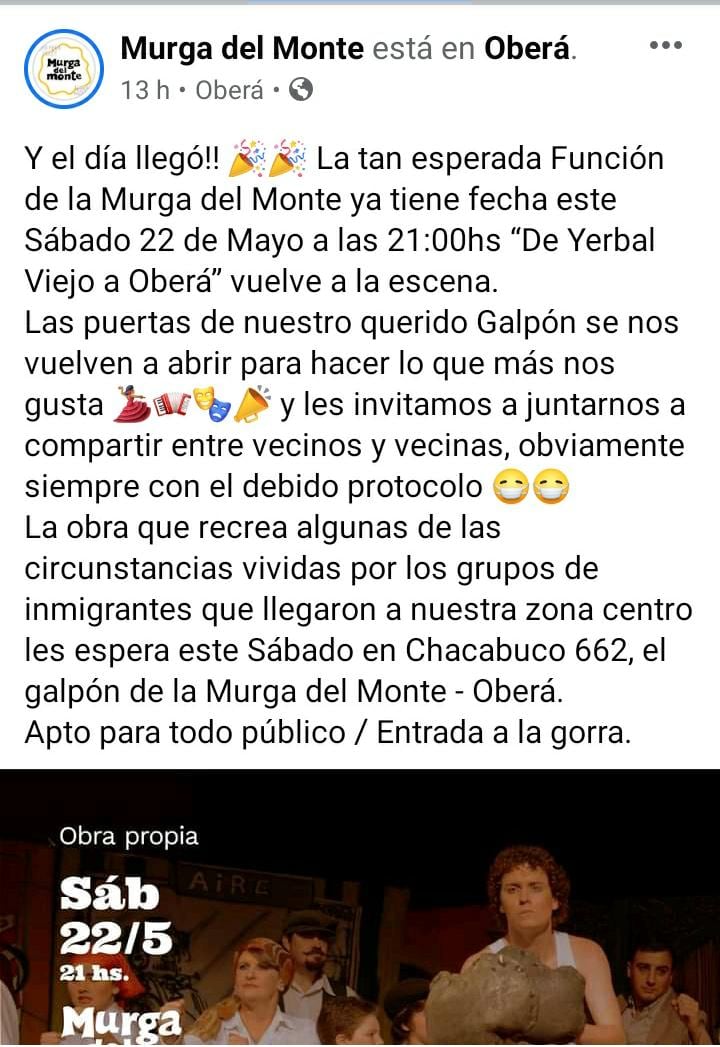 Publicación de La murga del Monte en Facebook