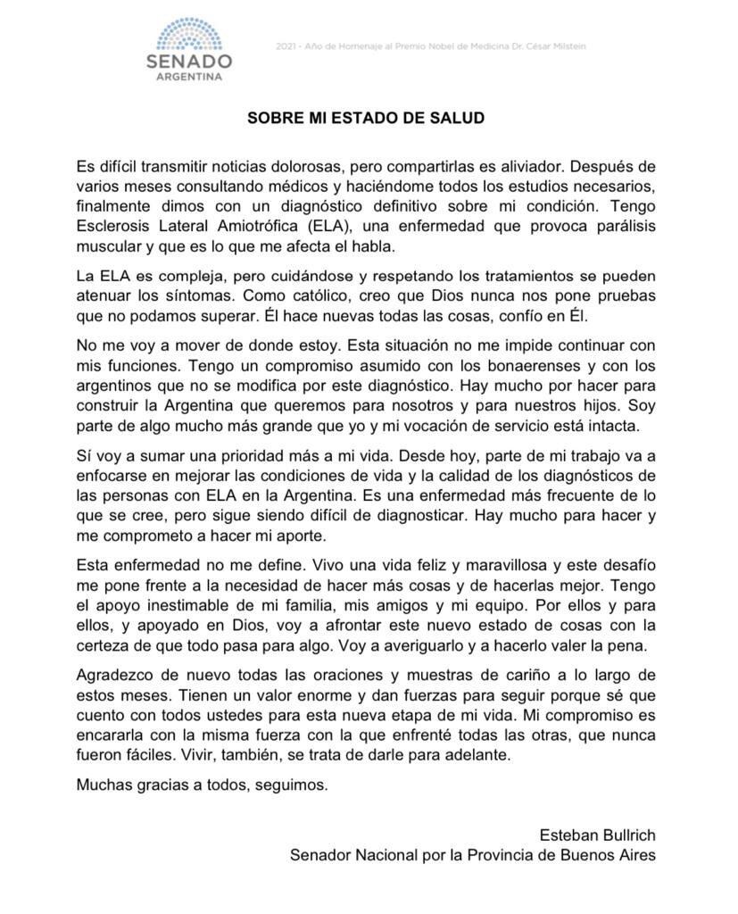 El senador Esteban Bullrich confirmó mediante un comunicado que sufre de ELA