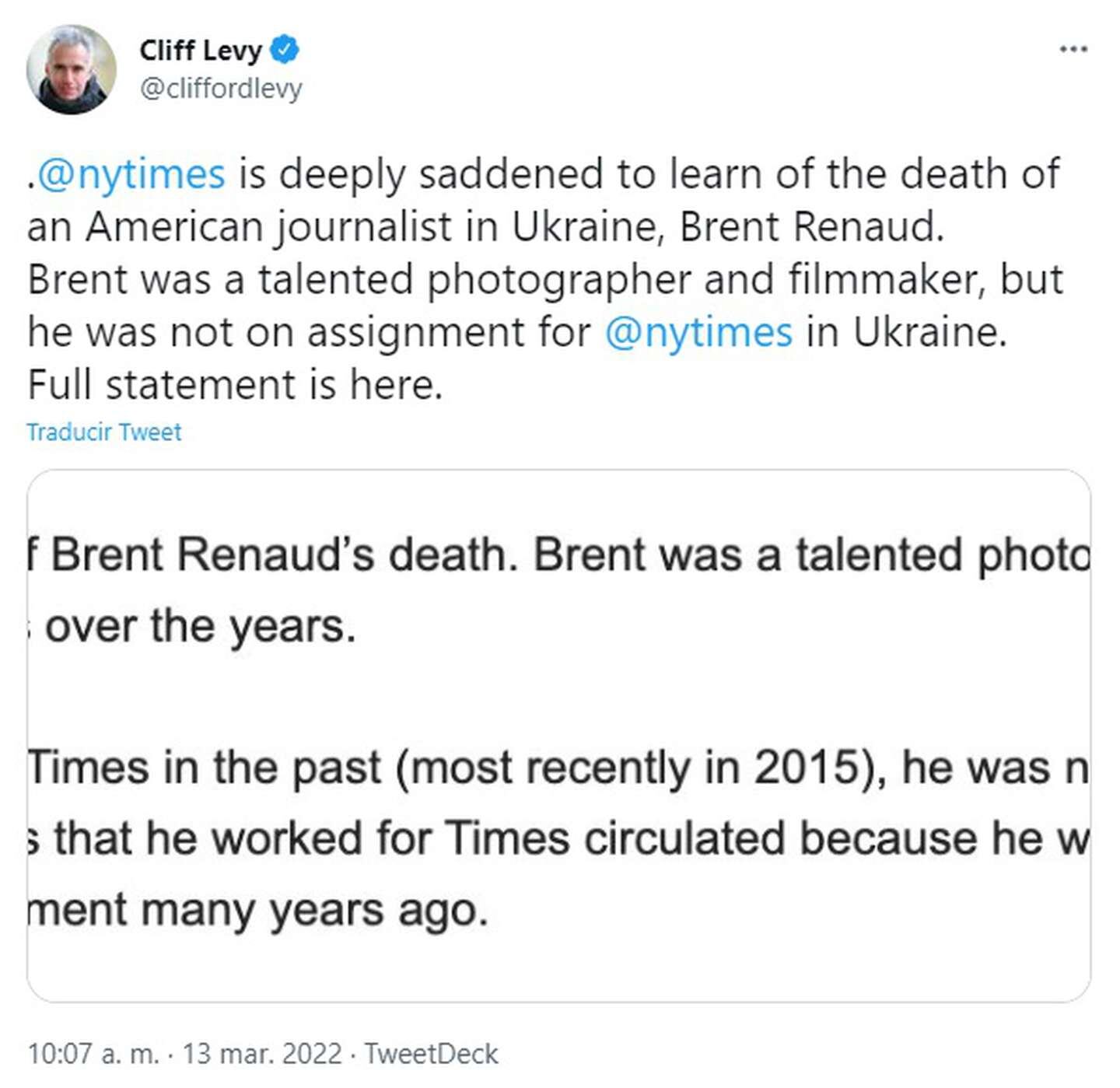 The New York Times lamentó la muerte del periodista Brent Renaud a manos de Rusia en la guerra con Ucrania