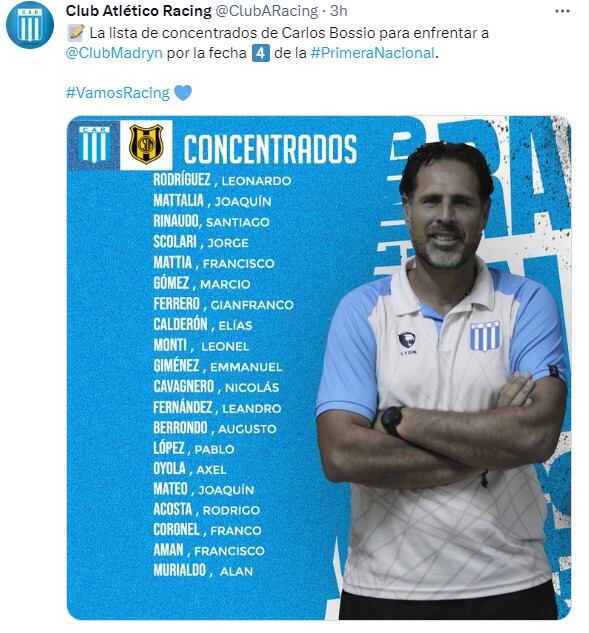 Los elegidos por Carlos Bossio para la presentación de Racing de este viernes.