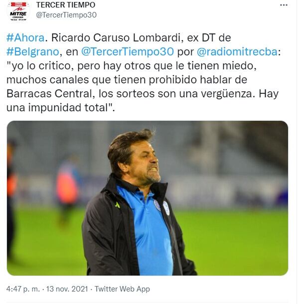 Ricardo Caruso Lombardi apuntó a todos y afirmó que a Racing de Nueva Italia lo perjudicaron.