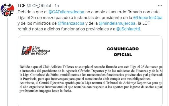 La Liga volvió a reclamar contra Talleres y recurrirá al TAS.