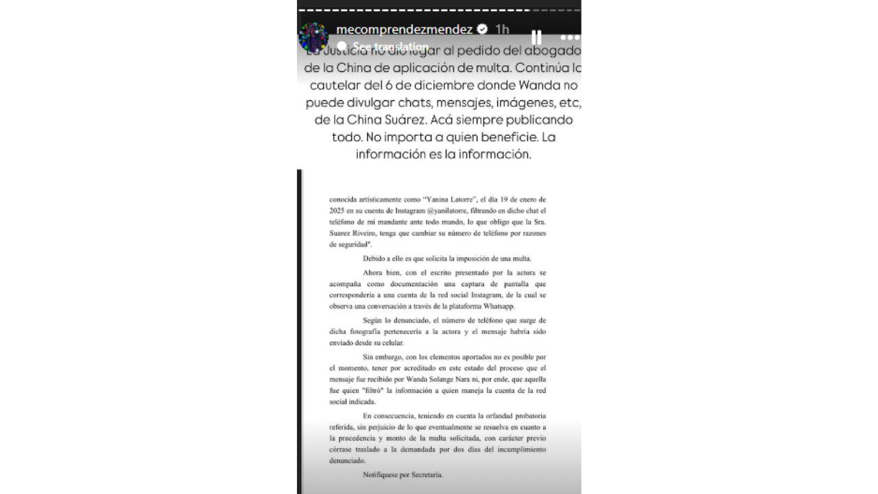 El escrito de la Justicia que rechaza el pedido de la defensa de la China Suárez contra Wanda Nara.