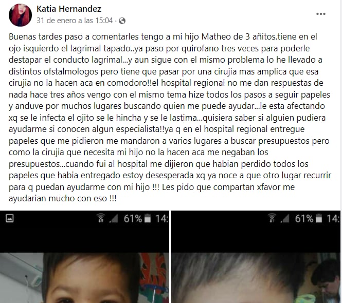 Katia, la madre de Matheo, pide ayuda a la comunidad.