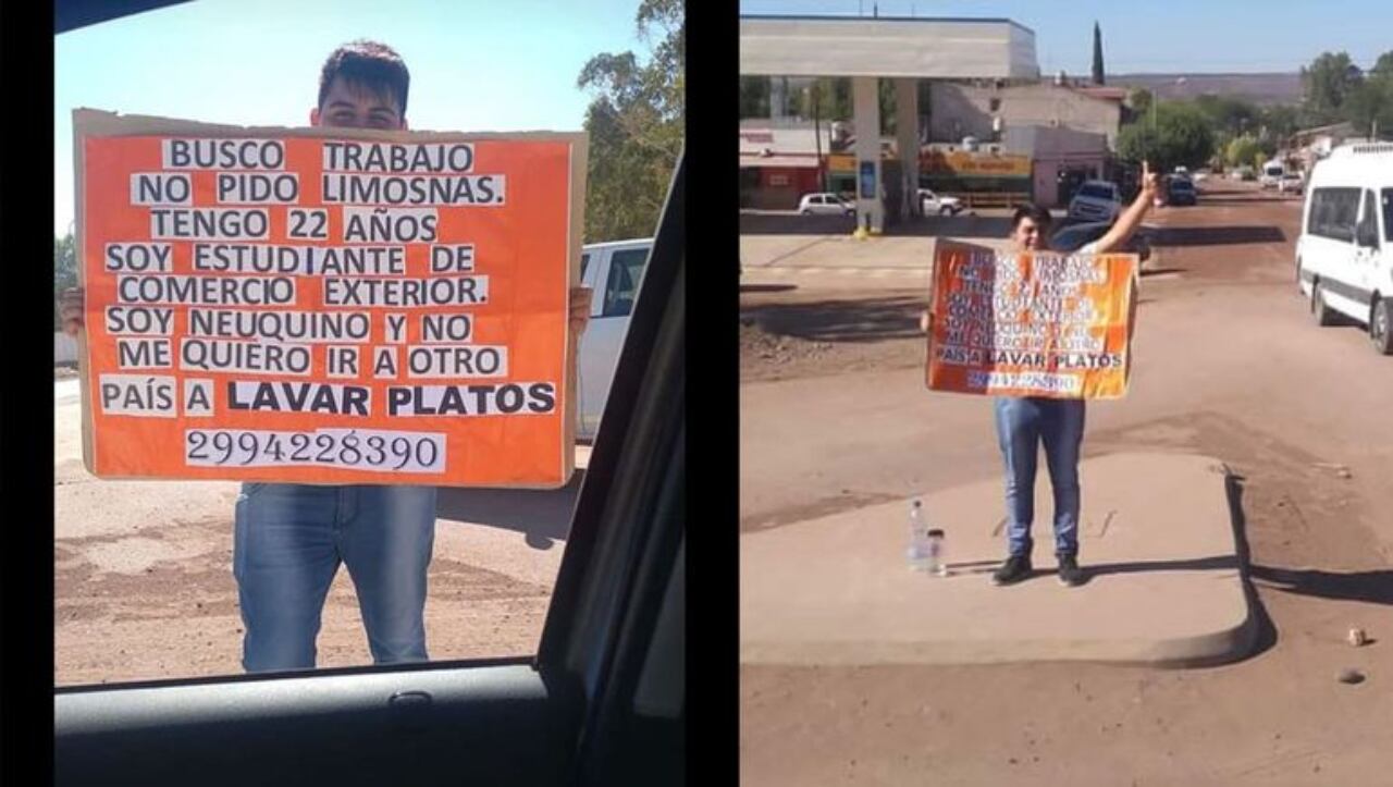 El joven se paró en la ruta 7 a pedir trabajo con un cartel